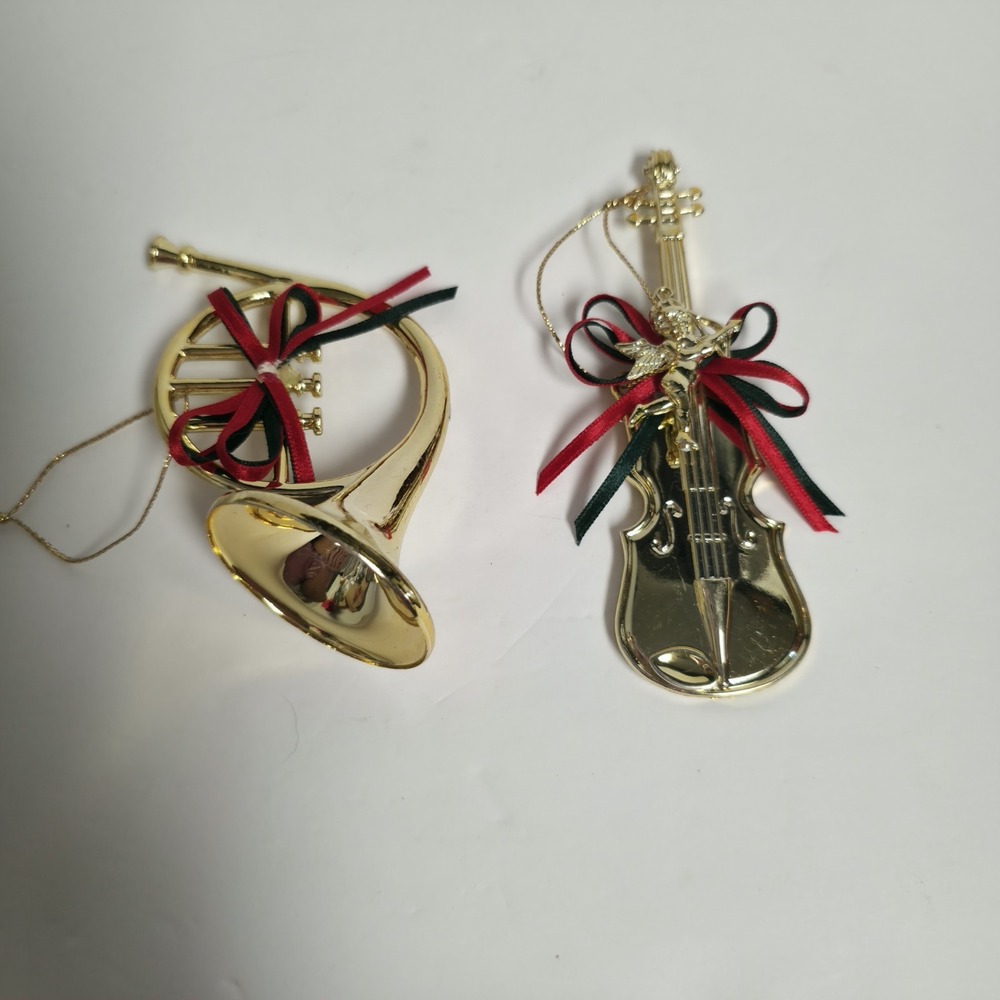 VTG Gold Plastic Musical Instrument Christmas Ornaments Lot French Horn Violin